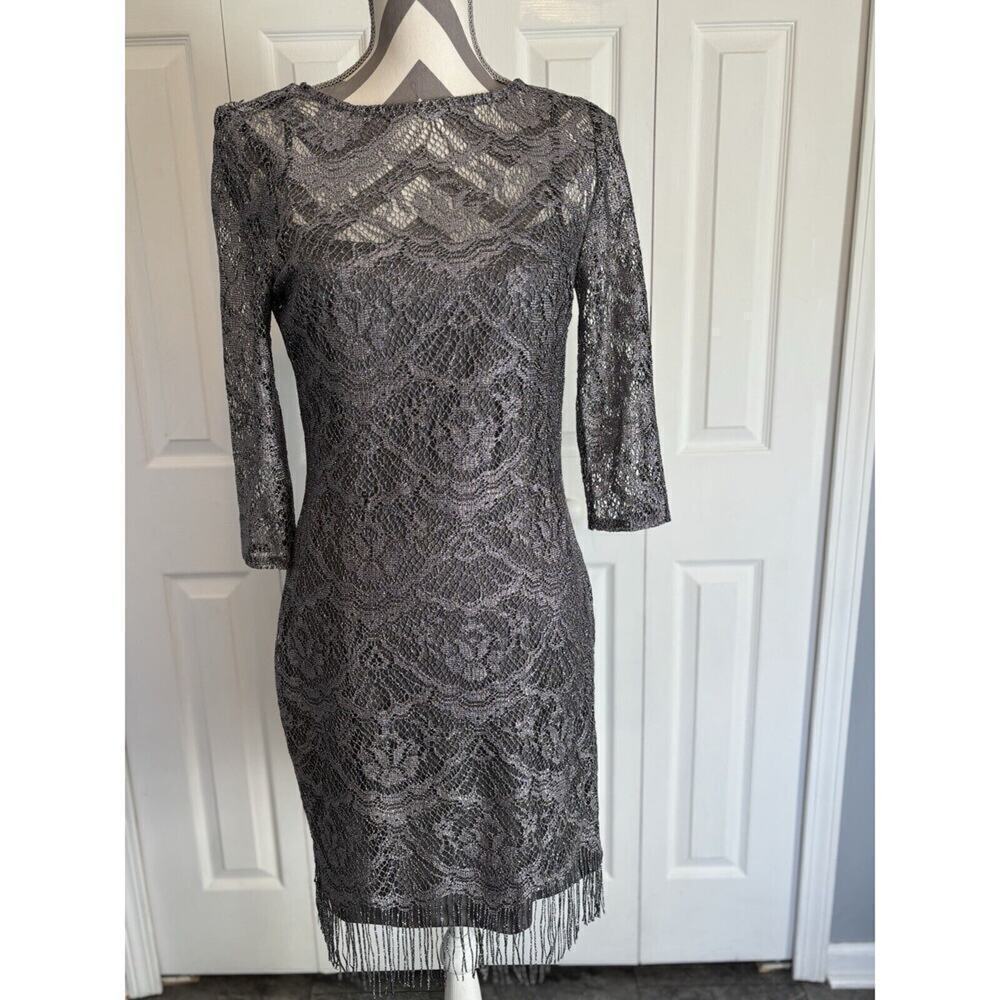 Jackie Jon New York Silver Lace Holiday Fringe Lined Metal Party Dress 10 Sheer